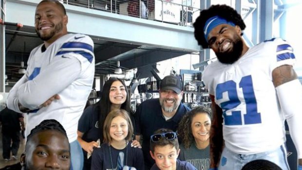 People posing with Cowboys interactive photo kiosk